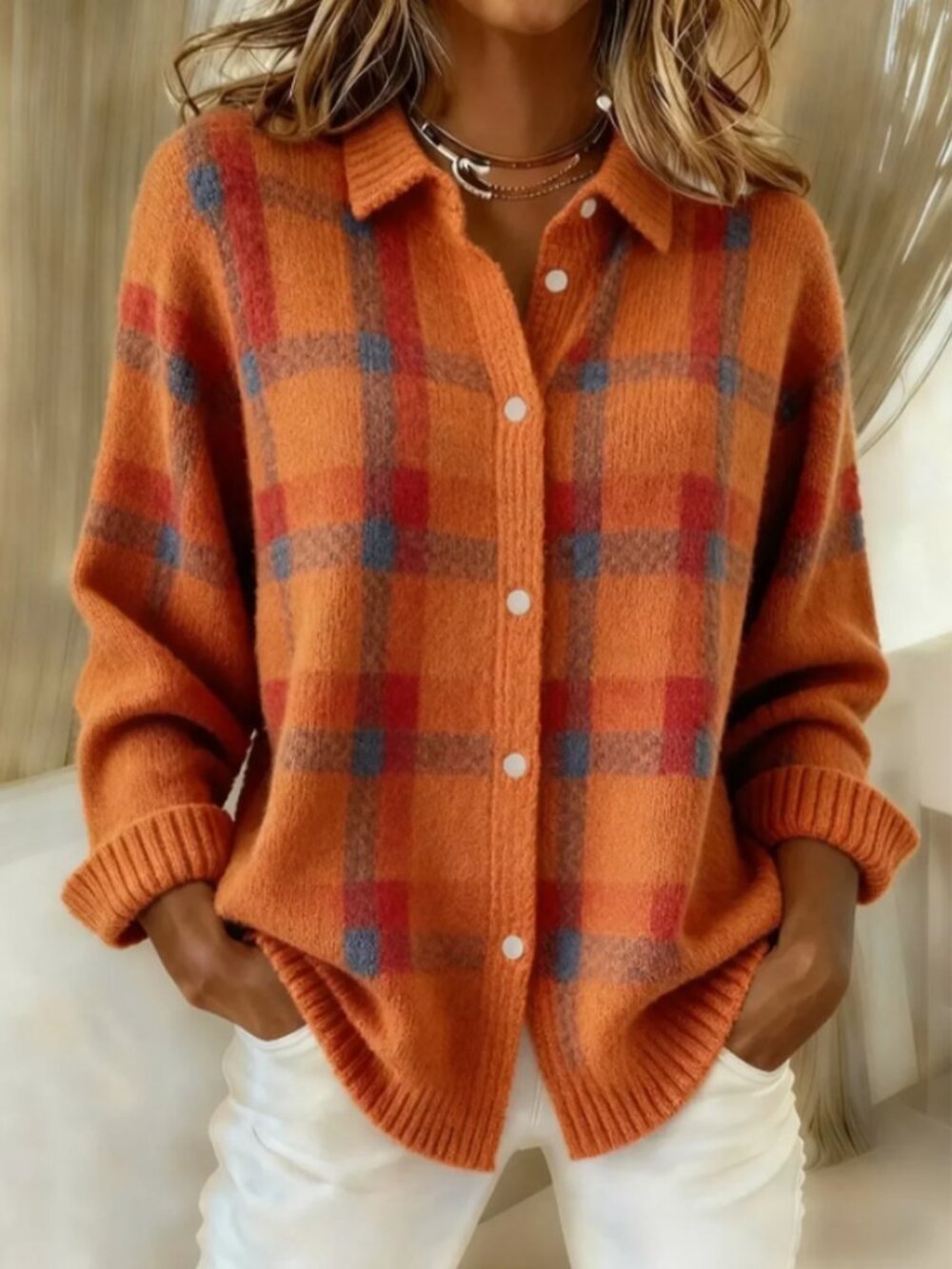 Multicolor Casual Women's Burnt Plaid Long Sleeve Button Front Cardigan Sweater